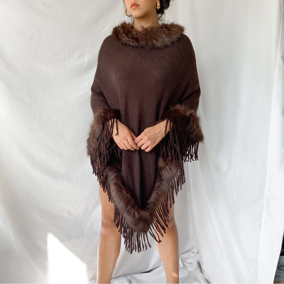 Brown faux fur tassel poncho duster - Picture 5 of 7